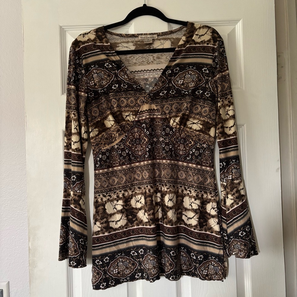 Susan Lawrence Geometric Long Sleeve Top - Brown and Black